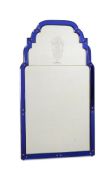 A BLUE GLASS FRAMED WALL MIRROR, 20TH CENTURY