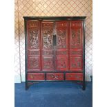 A CHINESE RED LACQUER AND PARCEL GILT CABINET, 19TH CENTURY OR 20TH CENTURY