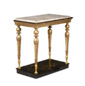 A GILTWOOD AND SIMULATED MARBLE CONSOLE TABLE, LATE 18TH/EARLY 19TH CENTURY