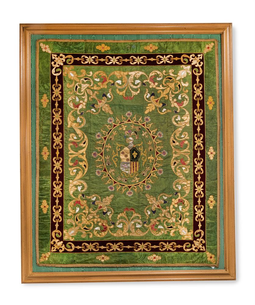 A LARGE EMBROIDERED AND STITCHED ARMORIAL HANGING, 19TH CENTURY INCORPORATING SOME EARLIER ELEMENTS