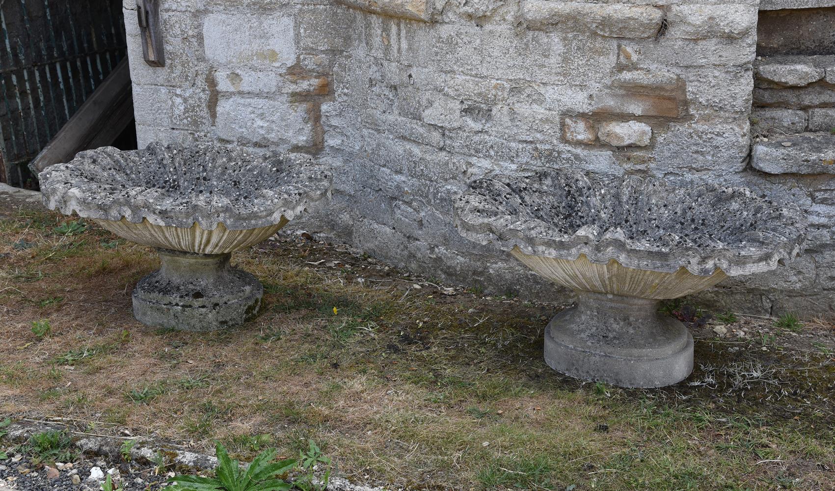 TWO SIMILAR COMPOSITION STONE PEDESTAL SHALLOW URNS, LATE 20TH CENTURY