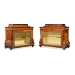 Y A PAIR OF FRENCH TULIPWOOD, SATINWOOD AND GILT METAL MOUNTED TABLE TOP DISPLAY CABINETS