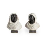 A PAIR OF ITALIAN BRONZE AND WHITE MARBLE BUSTS OF AN AFRICAN MAN AND WOMAN, BY C. CACCIA