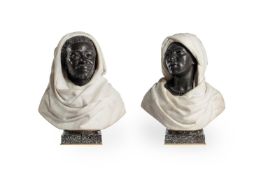 A PAIR OF ITALIAN BRONZE AND WHITE MARBLE BUSTS OF AN AFRICAN MAN AND WOMAN, BY C. CACCIA