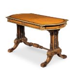 Y A VICTORIAN AMBOYNA, WALNUT AND GILT METAL MOUNTED LIBRARY TABLE, CIRCA 1860