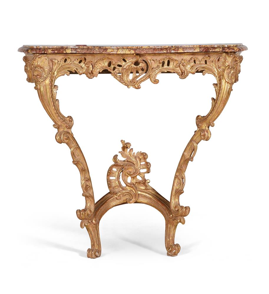 A PAIR OF LOUIS XV CARVED GILTWOOD CONSOLE TABLES, MID 18TH CENTURY