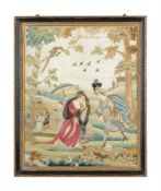 A GEORGE II FRAMED SILKWORK DEPICTING REBECCA AT THE WELL WITH ELIEZER, CIRCA 1730
