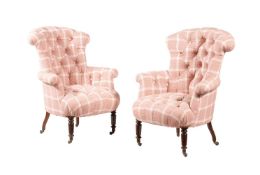 A PAIR OF SIMULATED ROSEWOOD TUB ARMCHAIRS IN VICTORIAN TASTE
