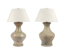 A PAIR OF STONEWARE TABLE LAMPS IN PROVINCIAL CHINESE TASTE