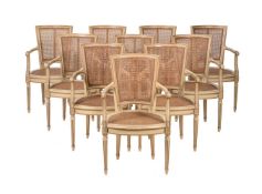 A SET OF TEN PAINTED WOOD DINING CHAIRS IN FRENCH TRANSITIONAL STYLE