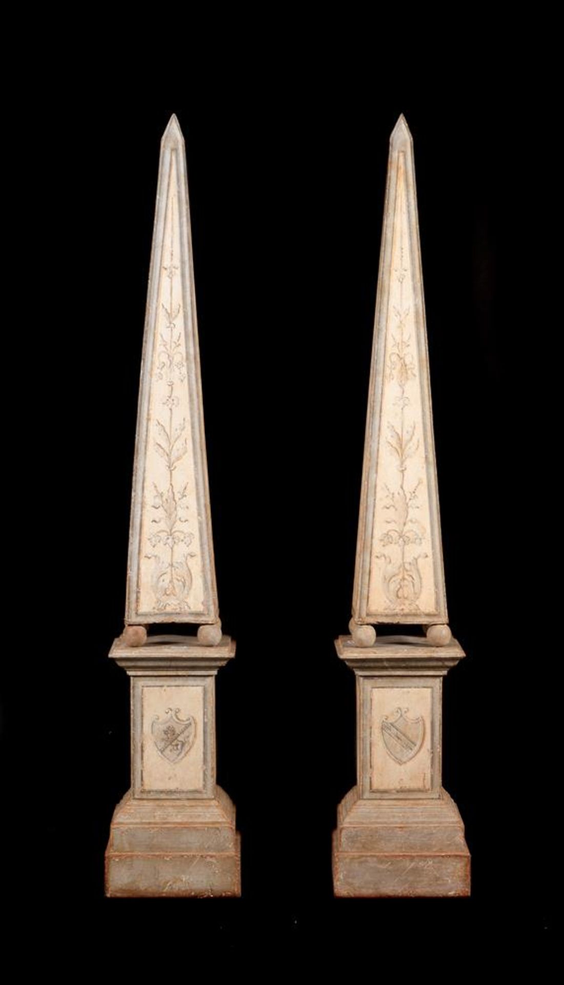 A PAIR OF PAINTED WOOD OBELISKS