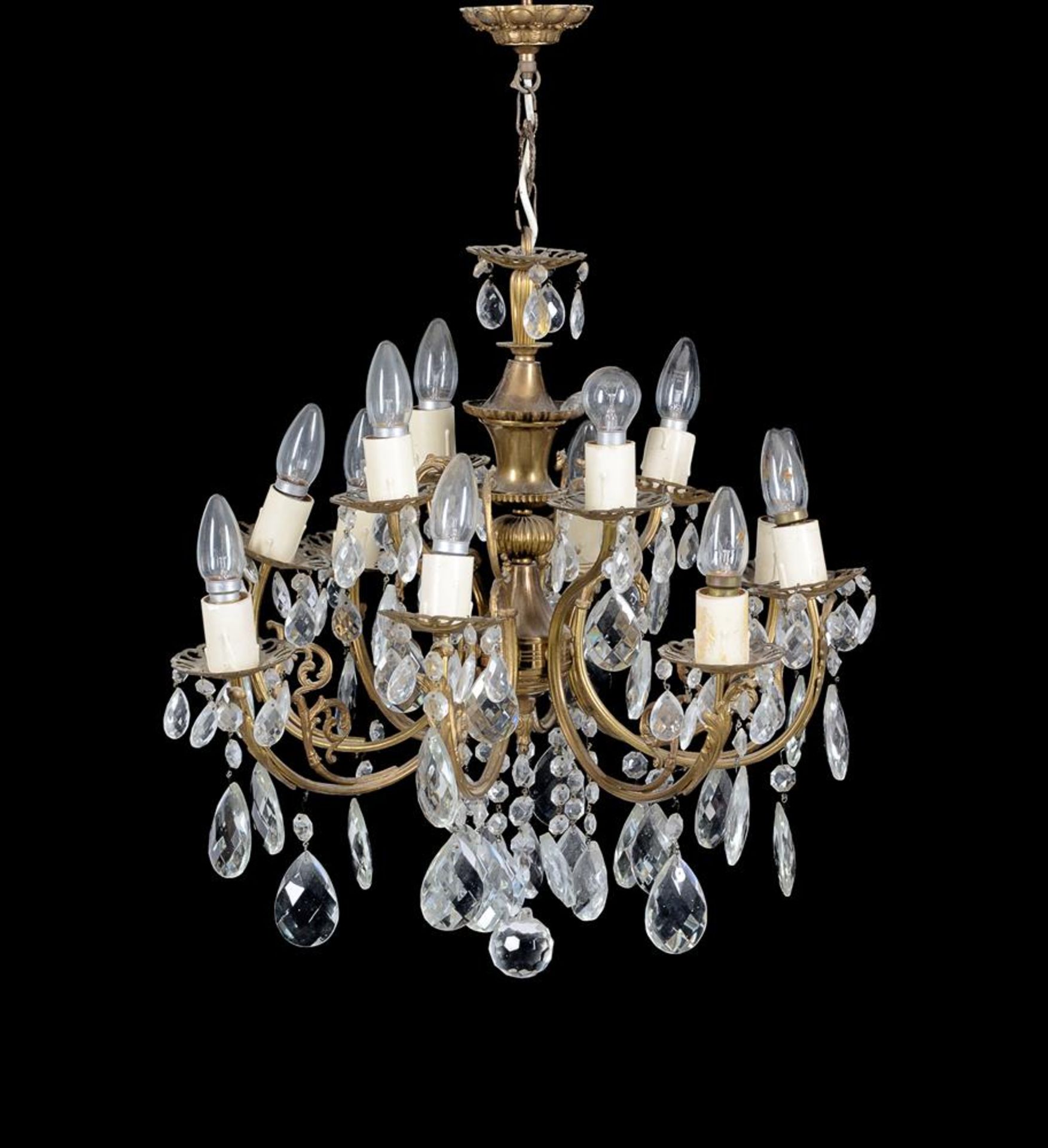 A GILT METAL AND CUT GLASS HUNG CHANDELIER