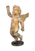 A CARVED, GESSO AND PARCEL GILT FIGURE OF A PUTTI