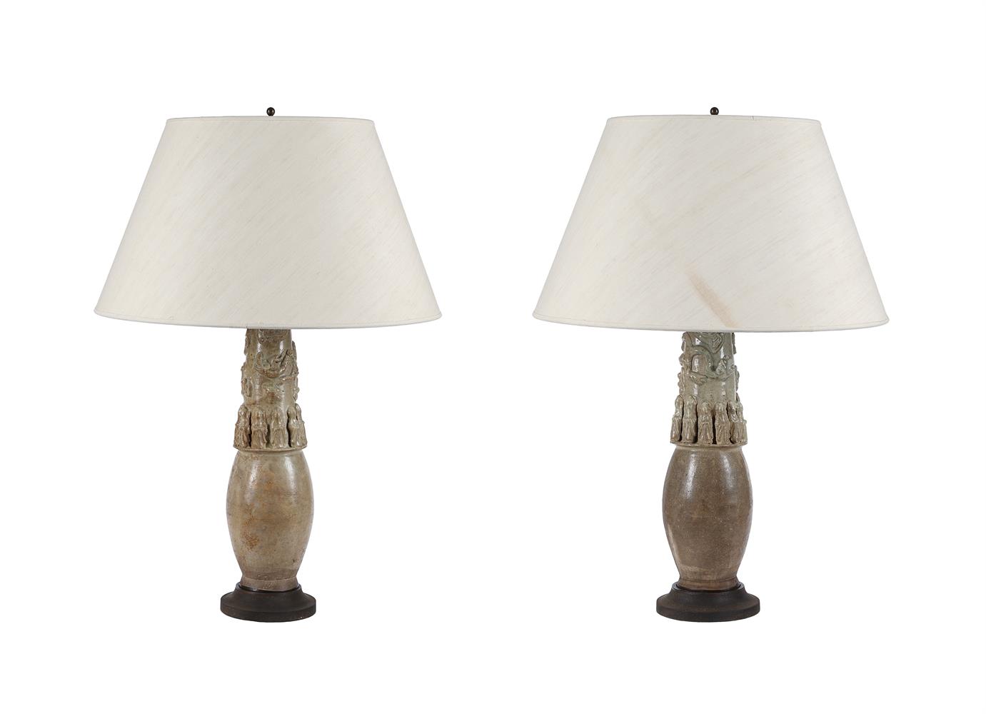 A PAIR OF PARCEL CELADON GLAZED TABLE LAMPS