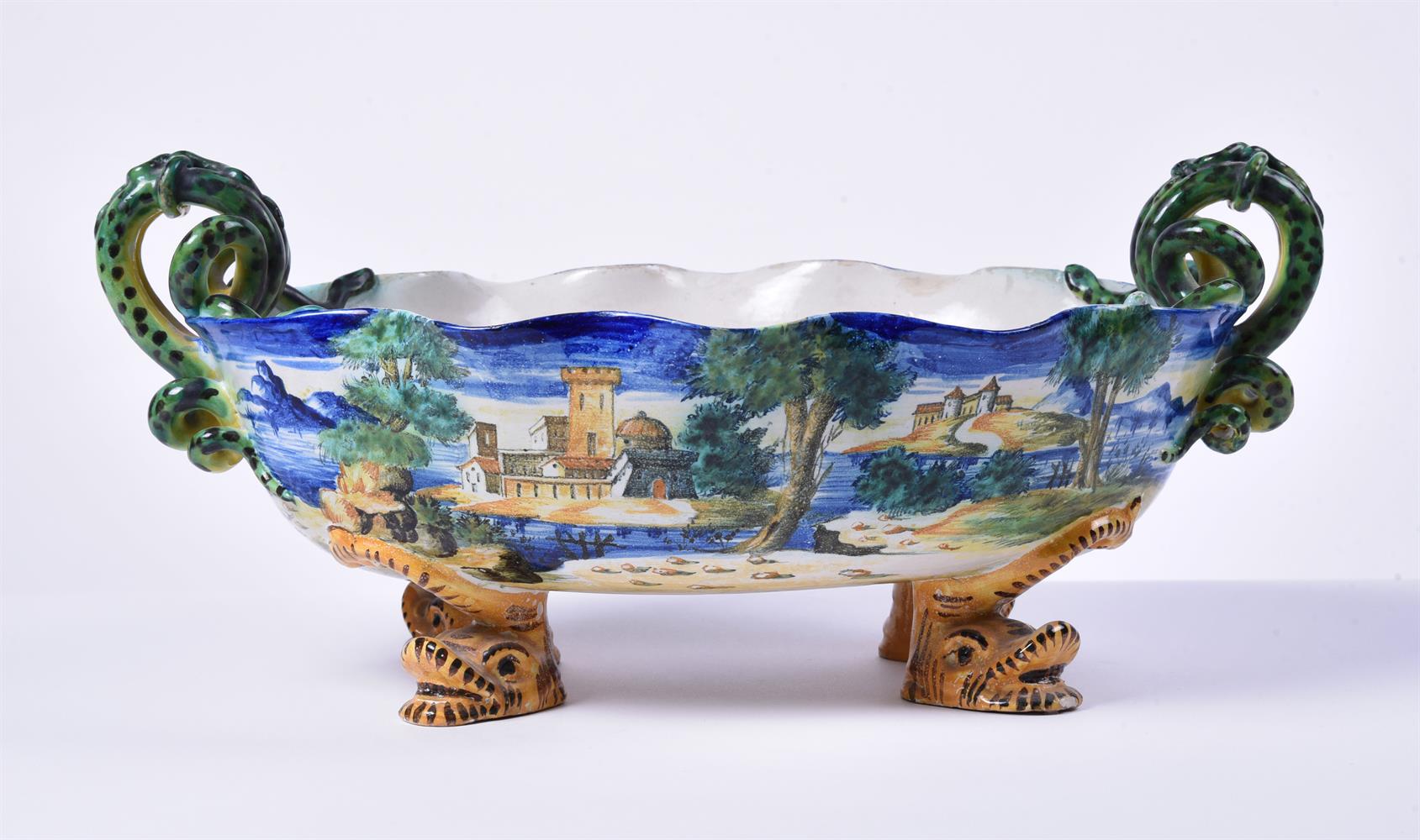 A ULISSE CANTAGALLI MAIOLICA TWO-HANDLED OVAL DISH WITH FOUR DOLPHIN FEET - Image 2 of 3