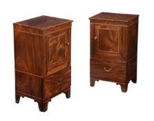 Y A PAIR OF MAHOGANY AND TULIPWOOD BANDED PEDESTAL CABINETS