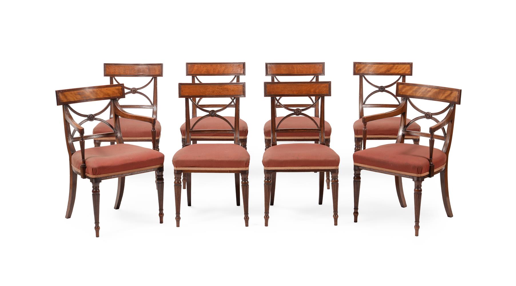 A SET OF EIGHT GEORGE III MAHOGANY AND SATINWOOD DINING CHAIRS
