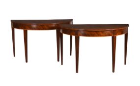 A PAIR OF MAHOGANY AND LINE INLAID CONSOLE TABLES IN GEORGE III STYLE