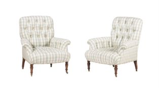 A PAIR OF BEECH AND UPHOLSTERED TUB ARMCHAIRS IN VICTORIAN TASTE