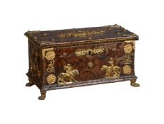A FRENCH LEATHER CLAD AND GILT METAL MOUNTED CASKET IN 18TH CENTURY STYLE