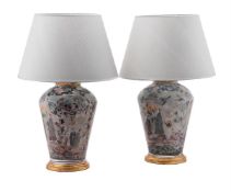 A PAIR OF GILTWOOD MOUNTED GLASS TABLE LAMPS IN LATE 19TH CENTURY 'DECALCOMANIA' STYLE