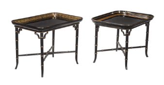 A BLACK LACQUER AND GILT PAPIER-MACHE TRAY TOP OCCASIONAL TABLE