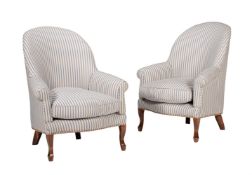 A PAIR OF STAINED BEECH AND UPHOLSTERED TUB ARMCHAIRS IN FRENCH TASTE
