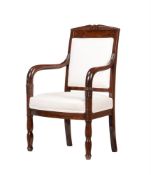 A MAHOGANY AND UPHOLSTERED ARMCHAIR IN FRENCH EMPIRE TASTE