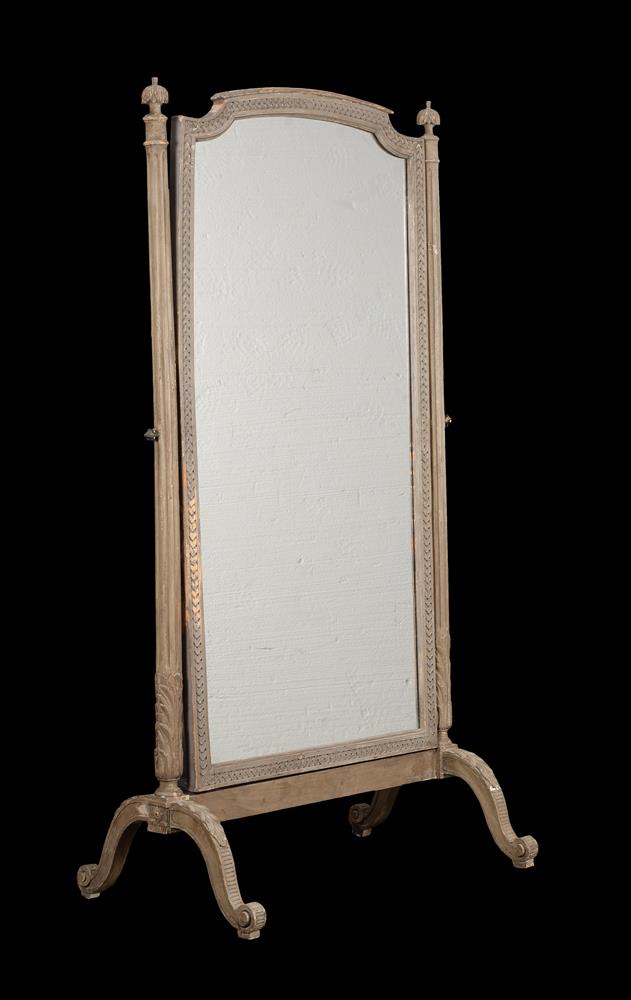 A FRENCH GREY PAINTED CHEVAL MIRROR