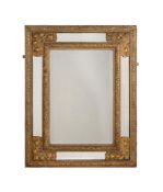 A PAINTED AND GILT METAL MOUNTED WALL MIRROR