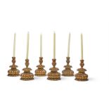 A SET OF SIX GILTWOOD CANDLESTICKSLATE 19TH CENTURYEach of squat lobed