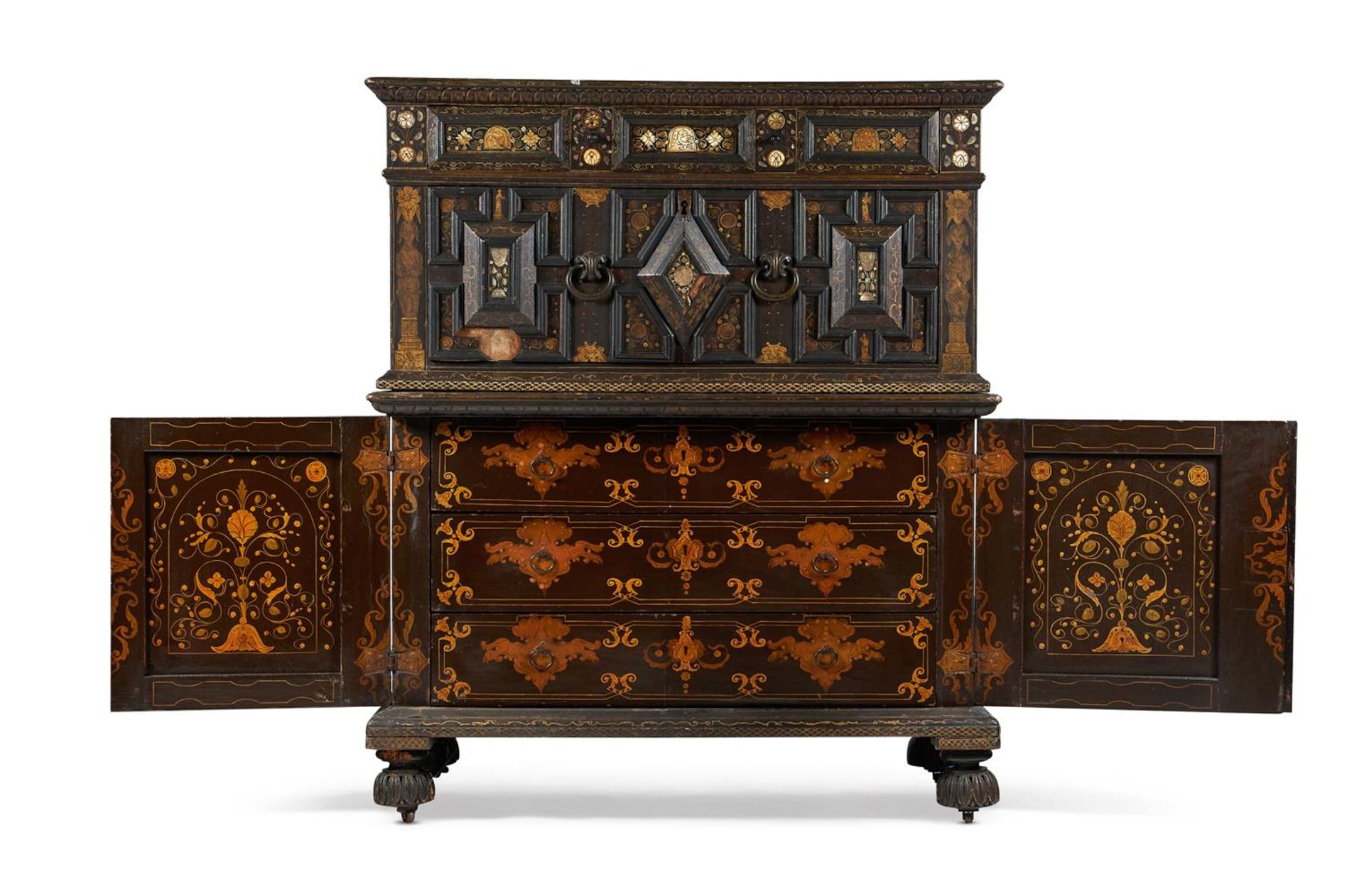 Y A CHARLES II PAINTED OAK, MOTHER OF PEAR AND BONE INLAID ENCLOSED CHEST OF DRAWERS, CIRCA 1660 - Image 2 of 17