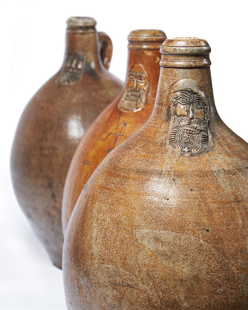 THREE SUBSTANTIAL GERMAN SALT-GLAZED STONEWARE FLASKS, 17TH CENTURY - Image 2 of 2