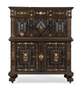 Y A CHARLES II PAINTED OAK, MOTHER OF PEAR AND BONE INLAID ENCLOSED CHEST OF DRAWERS, CIRCA 1660