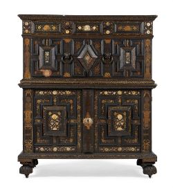Y A CHARLES II PAINTED OAKMOTHER OF PEAR AND BONE INLAID ENCLOSED CHEST OF DRAWERS, CIRCA 1660