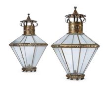 A PAIR OF PRESSED METAL AND GLAZED OCTAGONAL TAPERING HALL LANTERNS, 20TH CENTURY