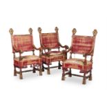 A SET OF THREE ITALIAN WALNUT AND PARCEL GILT ARMCHAIRS, LATE 17TH OR EARLY 18TH CENTURY