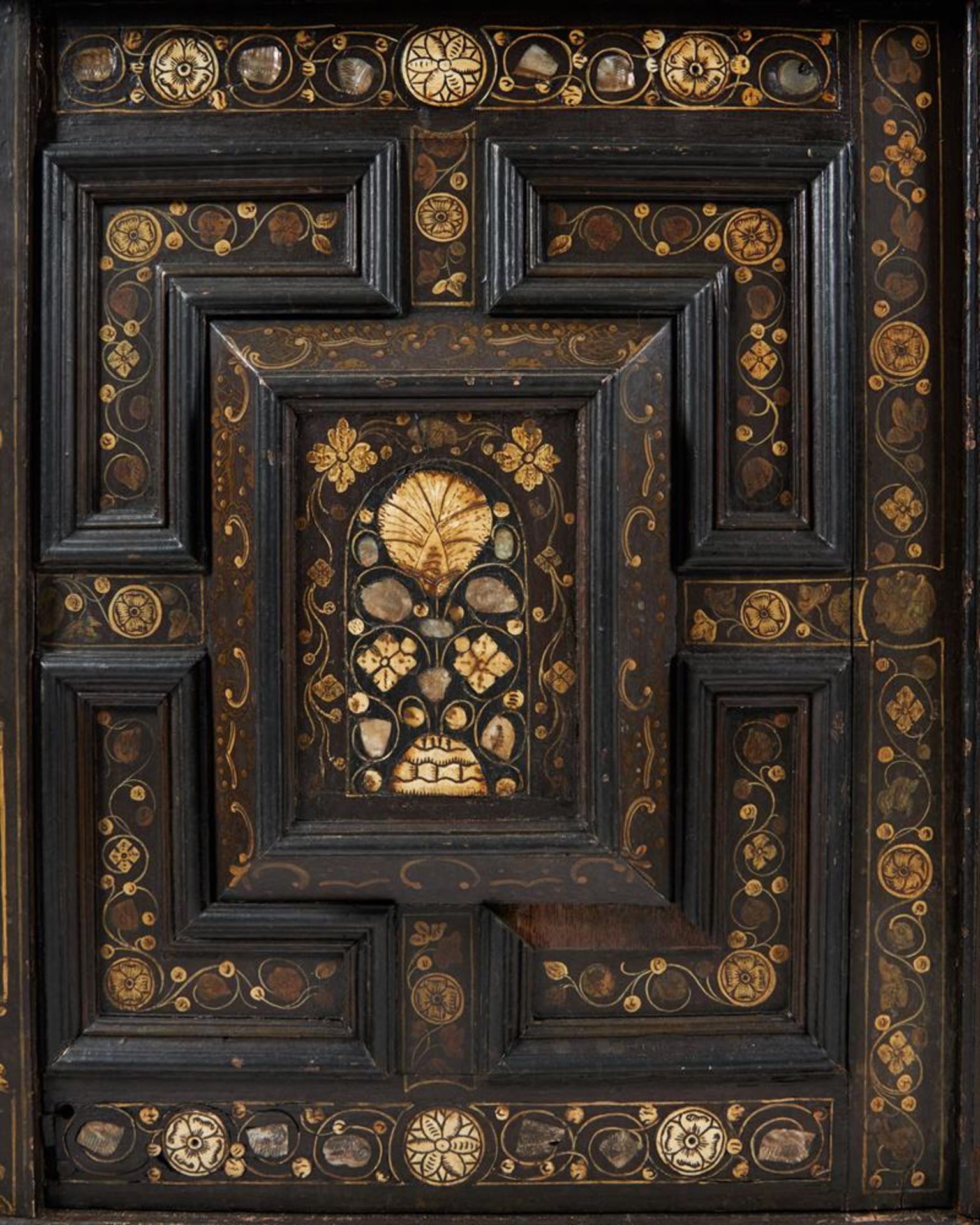 Y A CHARLES II PAINTED OAK, MOTHER OF PEAR AND BONE INLAID ENCLOSED CHEST OF DRAWERS, CIRCA 1660 - Image 15 of 17