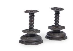 A PAIR OF DUTCH PRESSED METAL CANDLESTICKS, LATE 19TH CENTURY