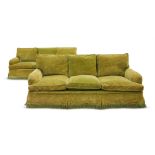 A PAIR OF GREEN UPHOLSTERED SOFAS IN VICTORIAN TASTE, 20TH CENTURY