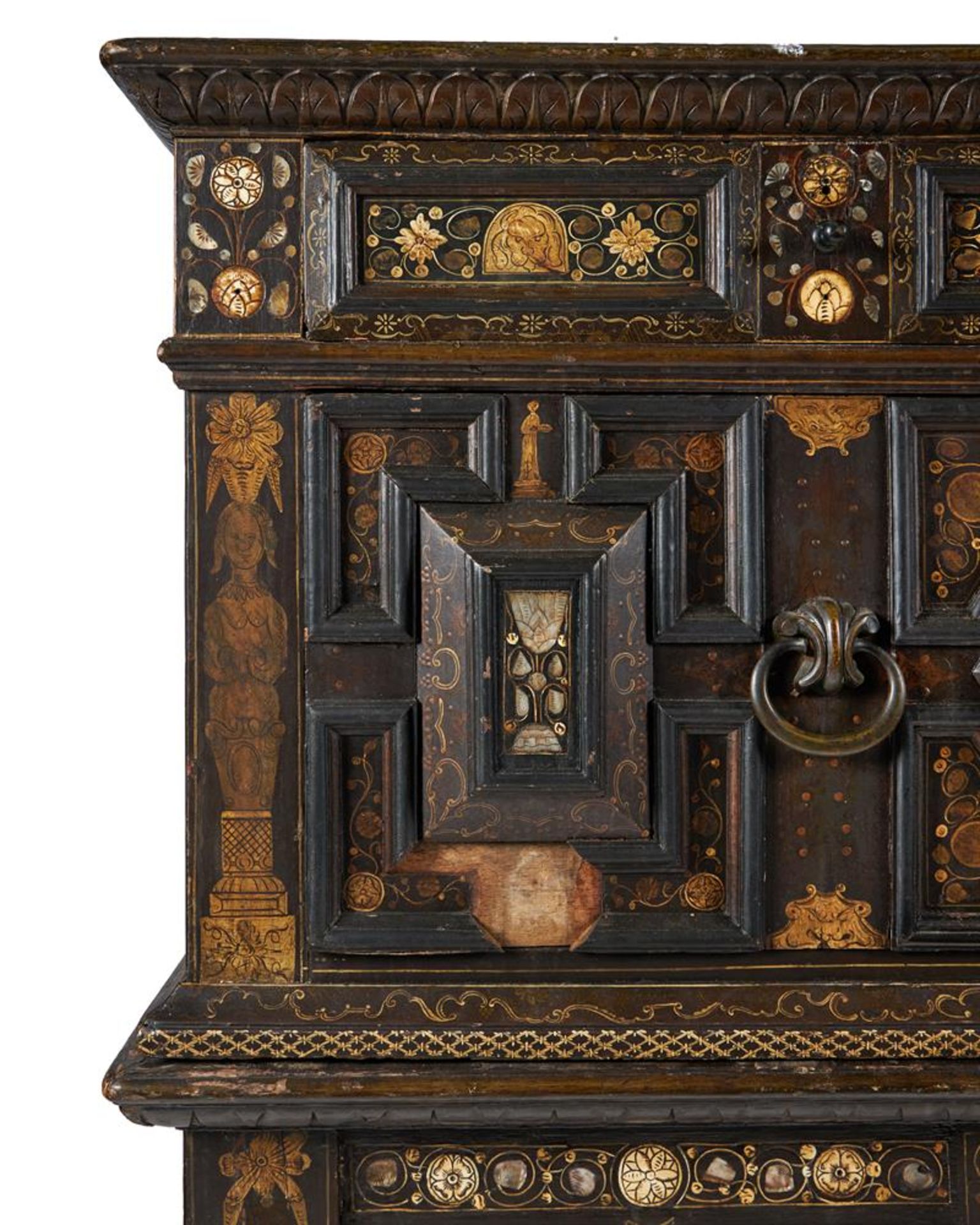 Y A CHARLES II PAINTED OAK, MOTHER OF PEAR AND BONE INLAID ENCLOSED CHEST OF DRAWERS, CIRCA 1660 - Image 13 of 17