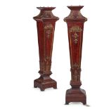 A PAIR OF STAINED WOOD AND PARCEL GILT PEDESTALS IN GEORGE III STYLE, 20TH CENTURY