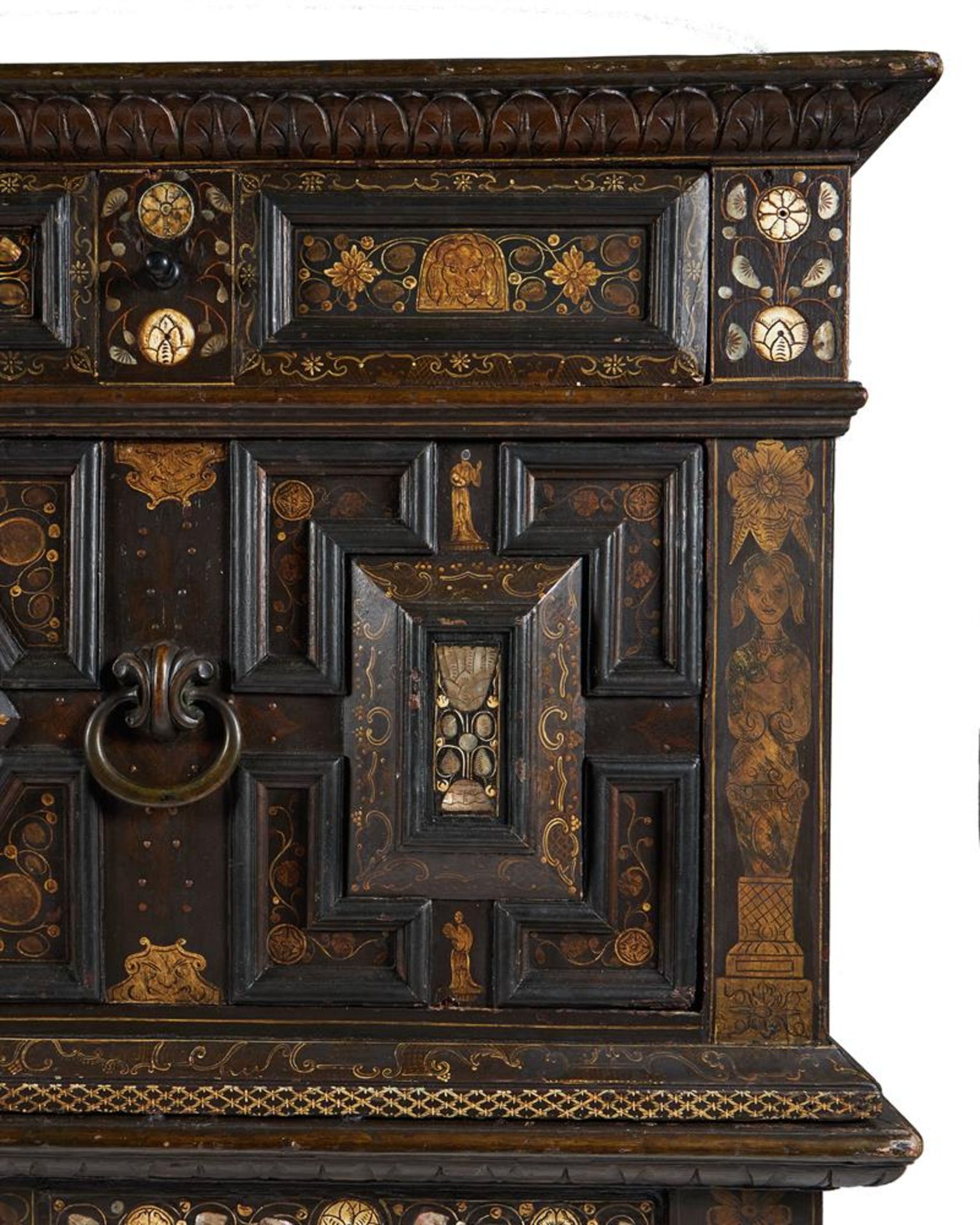 Y A CHARLES II PAINTED OAK, MOTHER OF PEAR AND BONE INLAID ENCLOSED CHEST OF DRAWERS, CIRCA 1660 - Image 11 of 17