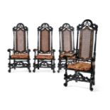 A SET OF FOUR CHARLES II EBONISED AND GILT JAPANNED ARMCHAIRS, CIRCA 1680