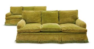 A PAIR OF GREEN UPHOLSTERED SOFAS IN VICTORIAN TASTE, 20TH CENTURY