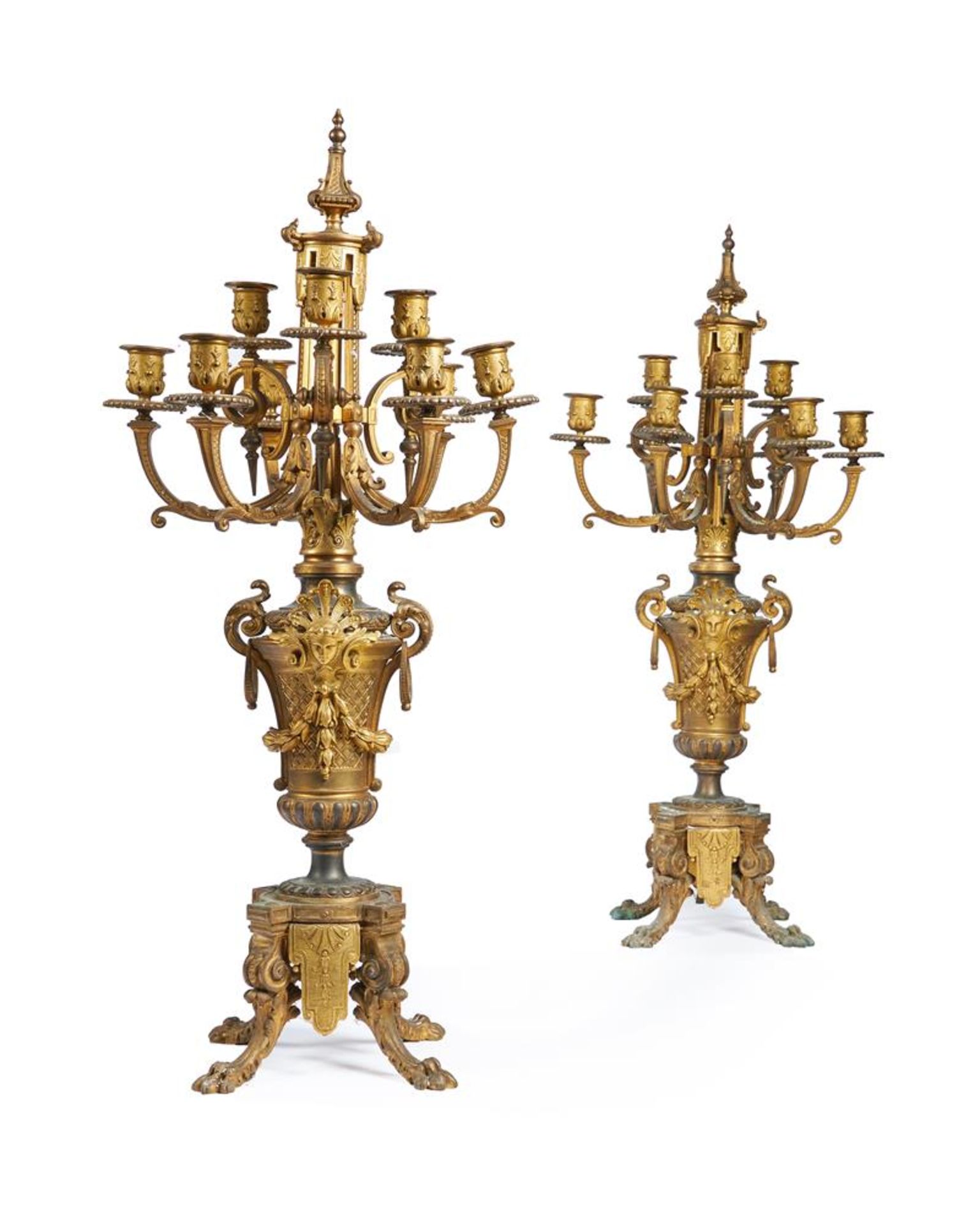 A PAIR OF NAPOLEON III GILT BRONZE AND METAL NINE BRANCH TABLE CANDELABRA, CIRCA 1870