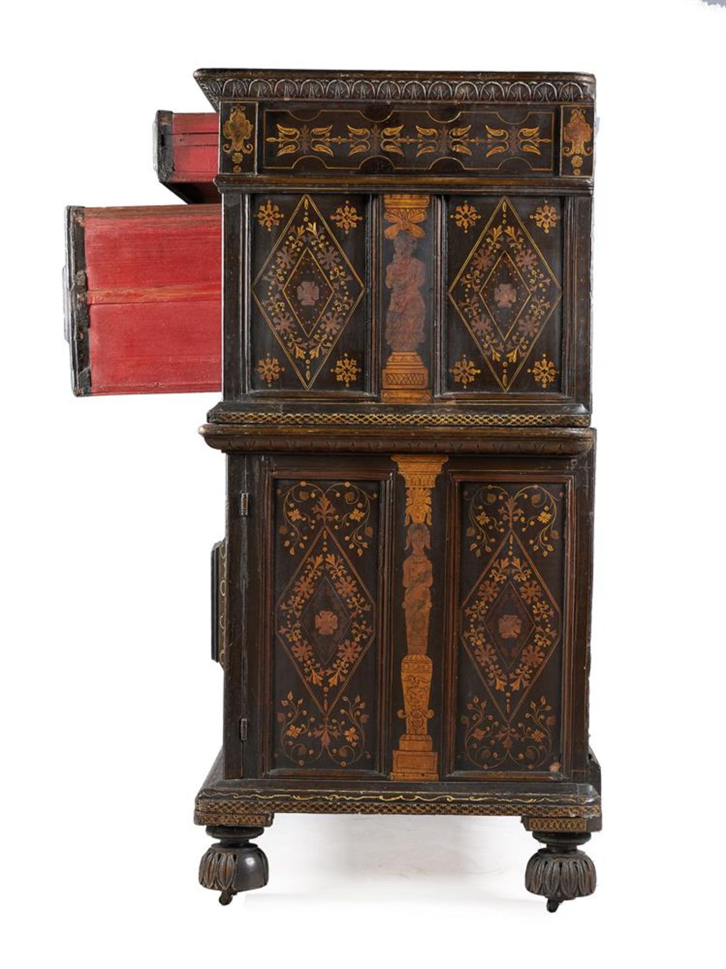 Y A CHARLES II PAINTED OAK, MOTHER OF PEAR AND BONE INLAID ENCLOSED CHEST OF DRAWERS, CIRCA 1660 - Image 5 of 17