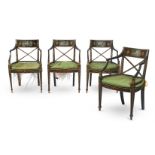 A SET OF FOUR EBONISED PARCEL GILT AND PAINTED ARMCHAIRS, CIRCA 1810 AND LATER