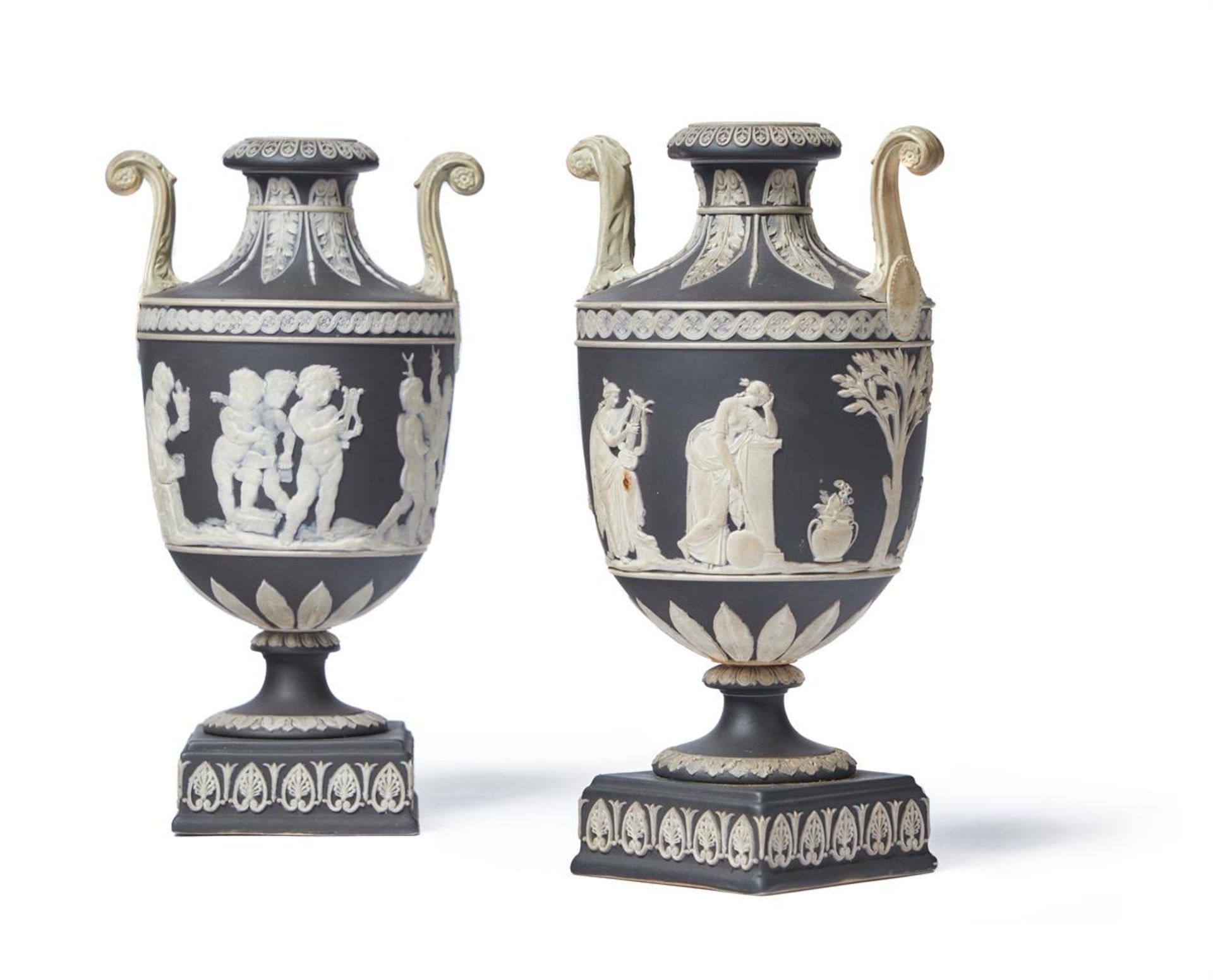 TWO SIMILAR WEDGWOOD BLACK-DIP JASPER URNS, LATE 19TH CENTURY