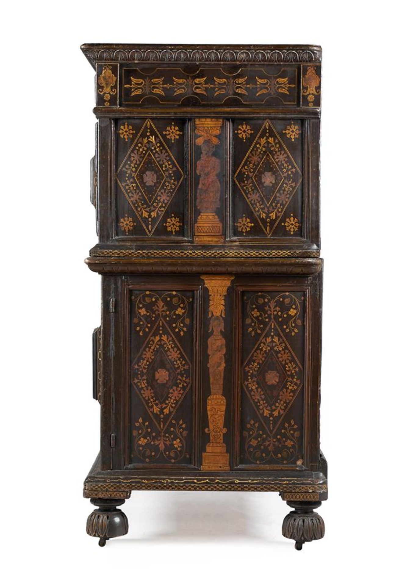 Y A CHARLES II PAINTED OAK, MOTHER OF PEAR AND BONE INLAID ENCLOSED CHEST OF DRAWERS, CIRCA 1660 - Image 4 of 17